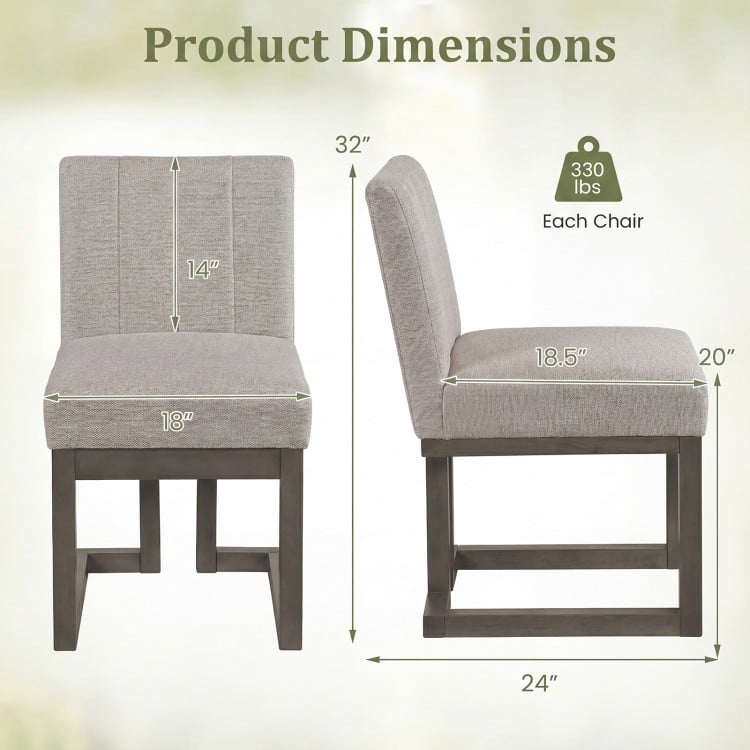 Side view of a Modern Farmhouse dining chair with gray fabric, featuring a thick padded seat and rubber wood frame.