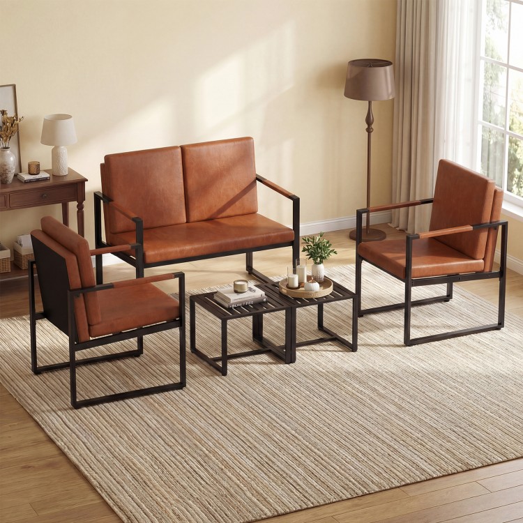 Modern loveseat sofa set in brown PU leather with a solid metal frame, perfect for small living rooms or office lounges.