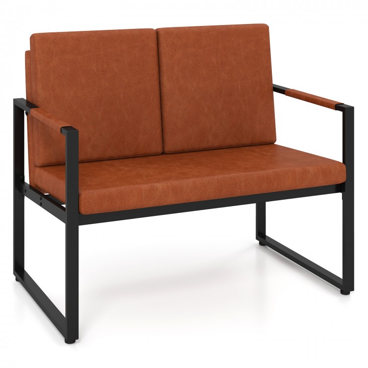 Brown modern loveseat sofa with PU leather cover and solid metal frame, perfect for small spaces and cozy conversations.