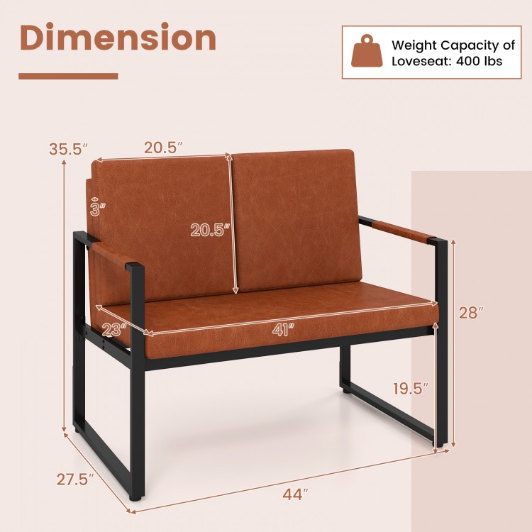 Brown Modern Loveseat Sofa with dimensions, featuring a PU leather cover and solid metal frame, ideal for small spaces.