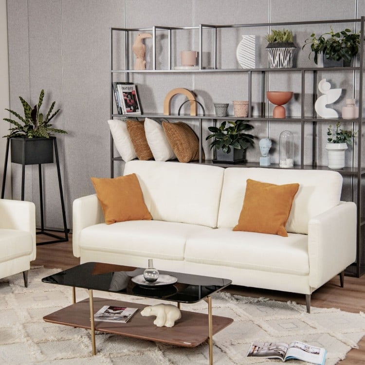 Modern white loveseat with comfy backrest cushions and metal legs, perfect for small spaces and ergonomic support.