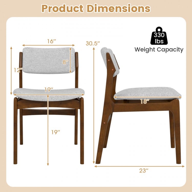 Modern padded dining chair dimensions with rubber wood legs, featuring a weight capacity of 330 lbs for versatile use.