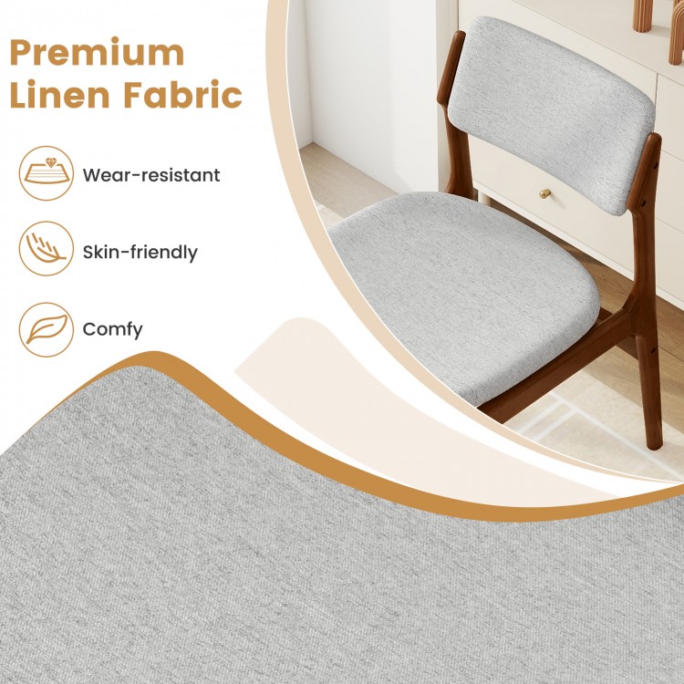 Modern padded dining chair with rubber wood legs, featuring premium linen fabric for comfort and durability.