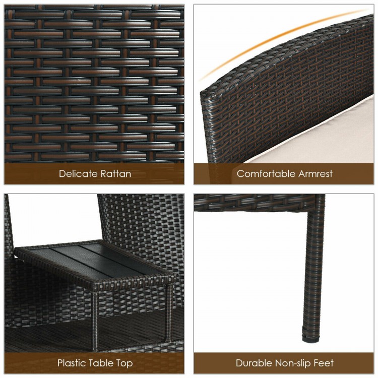 Close-up of the modern patio conversation set showcasing delicate rattan, comfortable armrest, and durable non-slip.