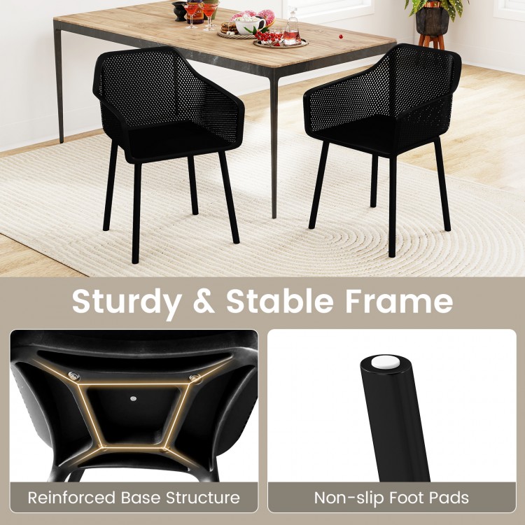 Set of 4 modern black plastic dining chairs with breathable mesh backrest and sturdy frame for kitchen or dining use.