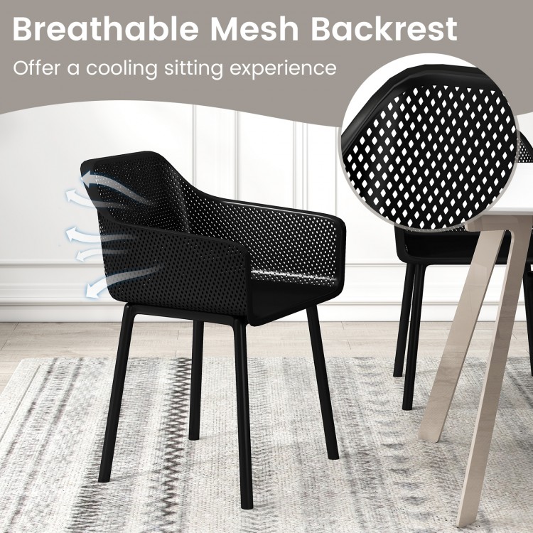 Black modern dining chair with breathable mesh backrest for a cool sitting experience, ideal for kitchen or dining room.