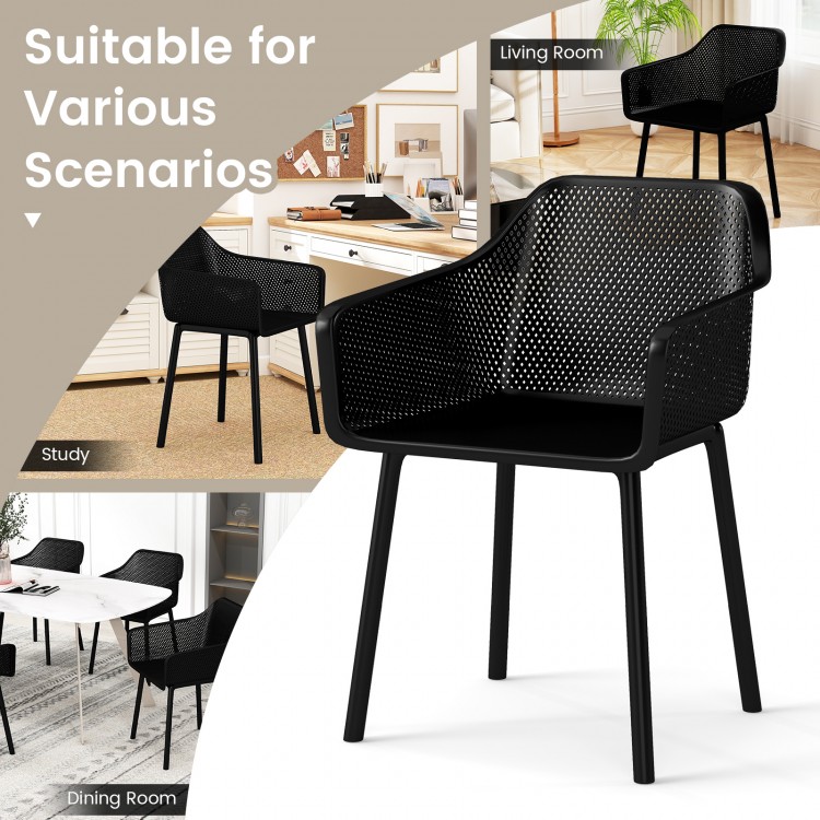 Black modern plastic dining chair with breathable mesh backrest, ideal for dining room or study use.