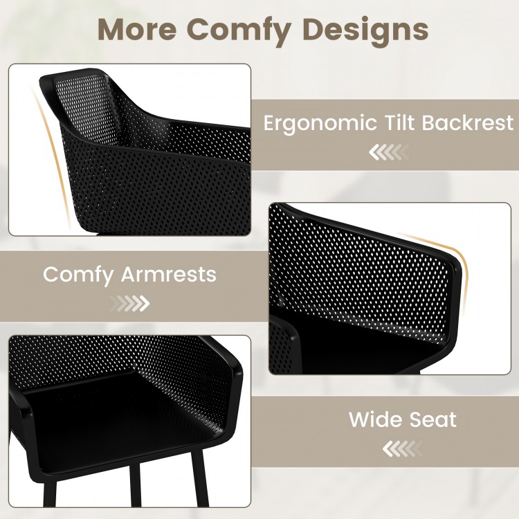 Black modern plastic dining chair with ergonomic tilt backrest and breathable mesh for ultimate comfort and support.
