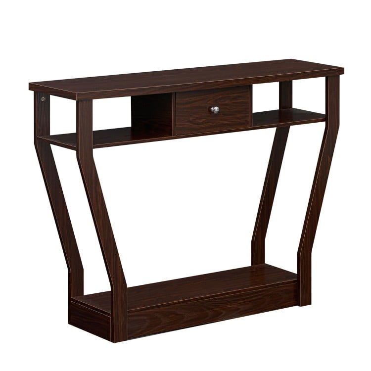 Modern brown sofa accent table with a drawer and open shelf, perfect for displaying decor and saving space.