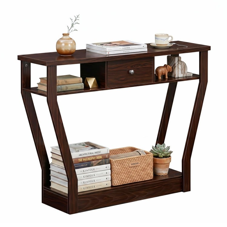 Modern brown sofa accent table with a drawer and open shelf, perfect for displaying decor and organizing essentials.