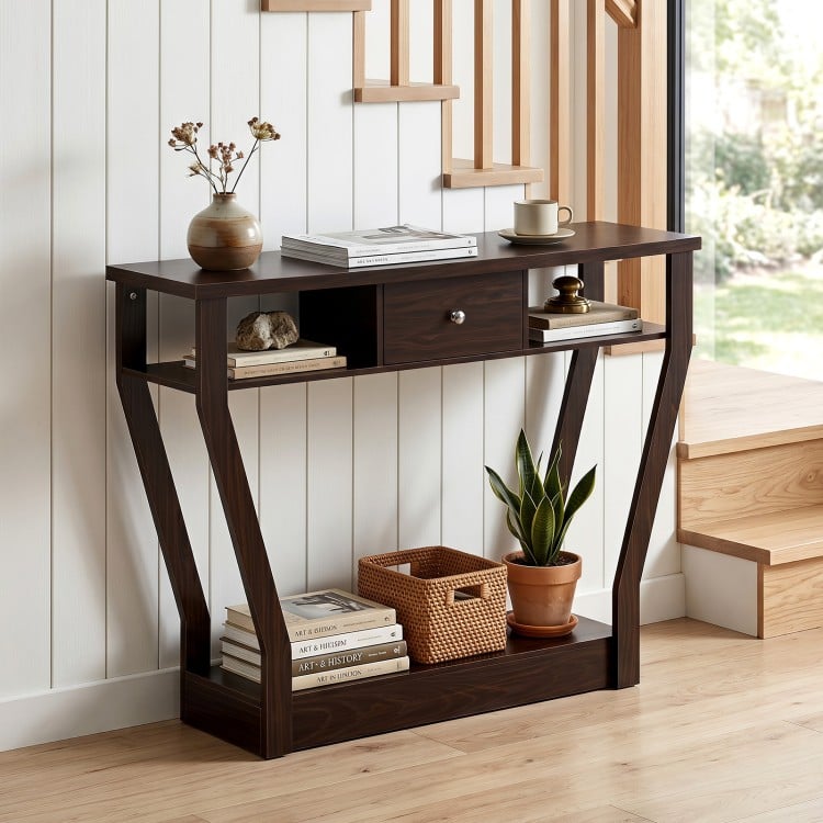 Modern brown sofa accent table with a drawer and open shelf, perfect for displaying decor and keeping your space organized.
