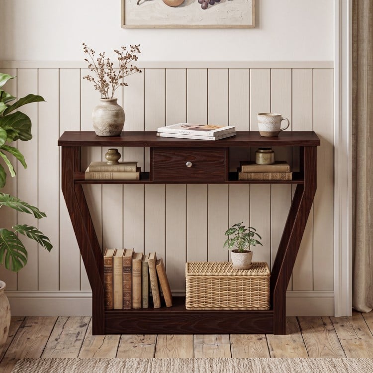 Modern brown sofa accent table featuring a drawer and open shelf, perfect for displaying decor and storing items.