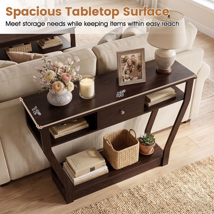 Modern brown sofa accent table with drawer and open shelf, perfect for storage and display in any home decor.