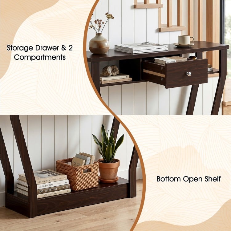 Modern brown sofa accent table featuring a storage drawer, two compartments, and a bottom open shelf for versatile organization.