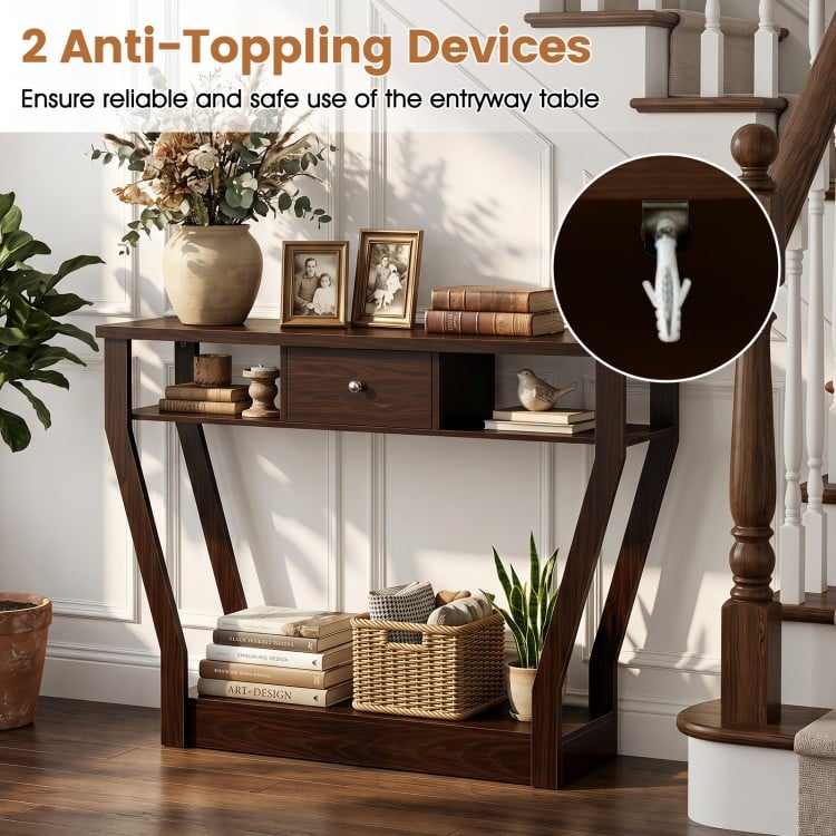 Modern brown sofa accent table with drawer and open shelf, featuring anti-toppling devices for added safety and stability.