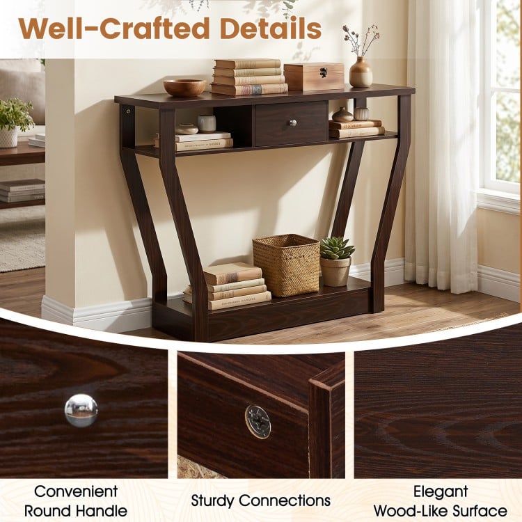 Modern brown sofa accent table with a drawer and open shelf, perfect for displaying decor and storing items.