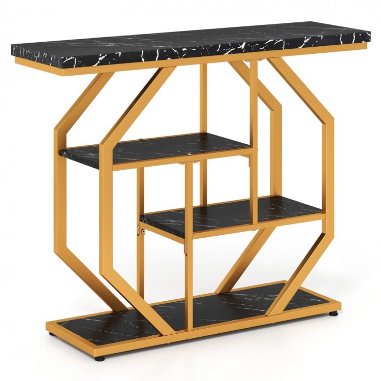 Modern 4-tier console table with faux marble tabletop and gold metal frame, perfect for living room or hallway.
