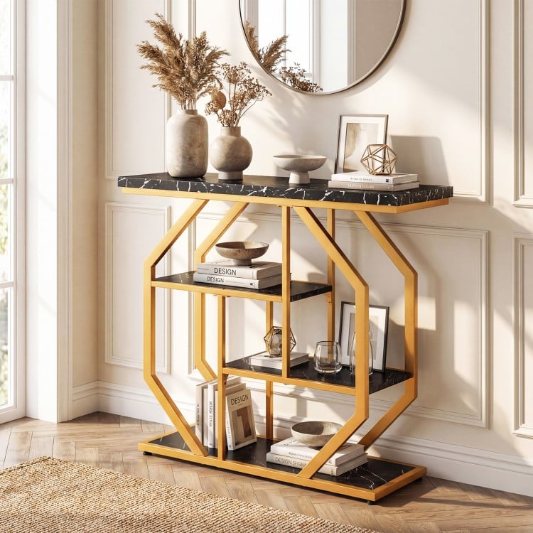 Modern 4-tier console table with faux marble tabletop and gold geometric frame, perfect for hallway or living room.