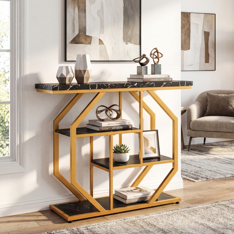 Modern 4-tier console table with faux marble tabletop and gold geometric frame, perfect for living room organization.