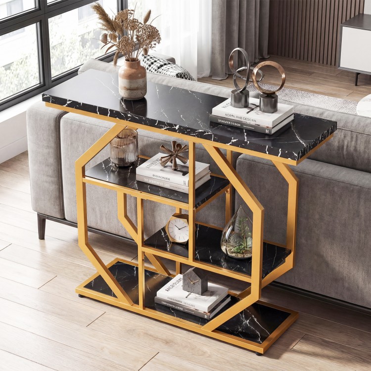 Modern 4-tier console table with black faux marble top and gold frame, perfect for living room or hallway organization.