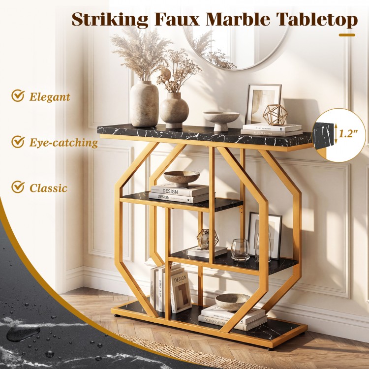Modern 4-tier console table with black faux marble tabletop and gold geometric frame, perfect for living room decor.