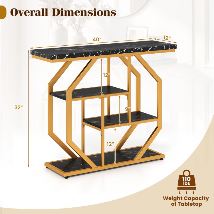 Modern 4-tier console table with faux marble tabletop in black, featuring geometric design for stylish living room.