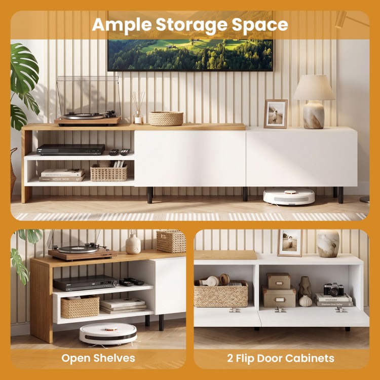 Modern TV stand in white with open shelves and 2 flip door cabinets, perfect for 80-inch TVs and organized storage.