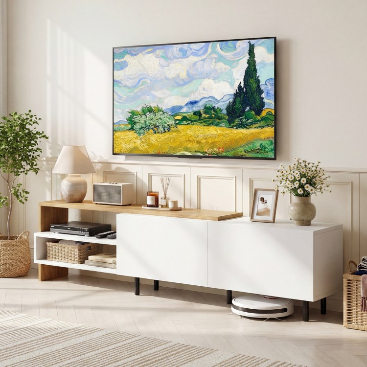 Modern white TV stand with storage shelves and cabinets, designed for 80-inch TVs, enhancing organized entertainment.