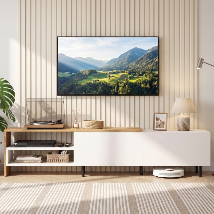 Modern TV stand in white for 80-inch TVs, featuring storage shelves and cabinets, ideal for a clutter-free.