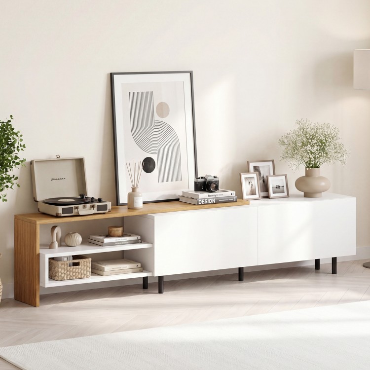 Modern TV stand in white with wood accents, featuring storage cabinets and open shelves for organized entertainment.