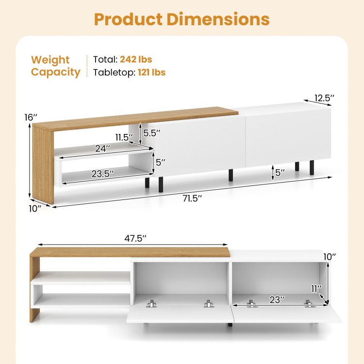 Product dimensions of the Modern TV Stand for 80-inch TVs, featuring storage shelves and cabinets for organized.