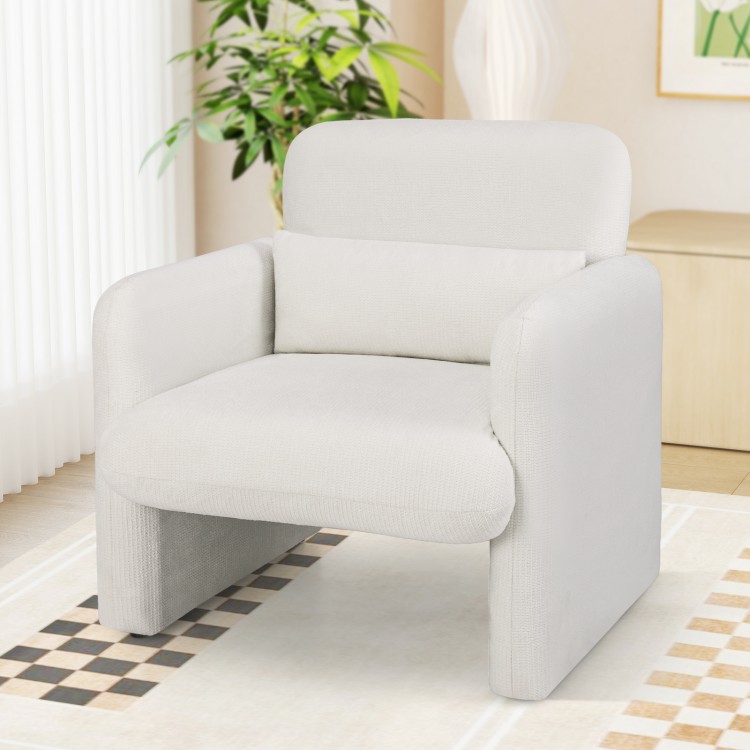 Modern upholstered chenille accent chair in white with removable lumbar pillow, ideal for living room or study.