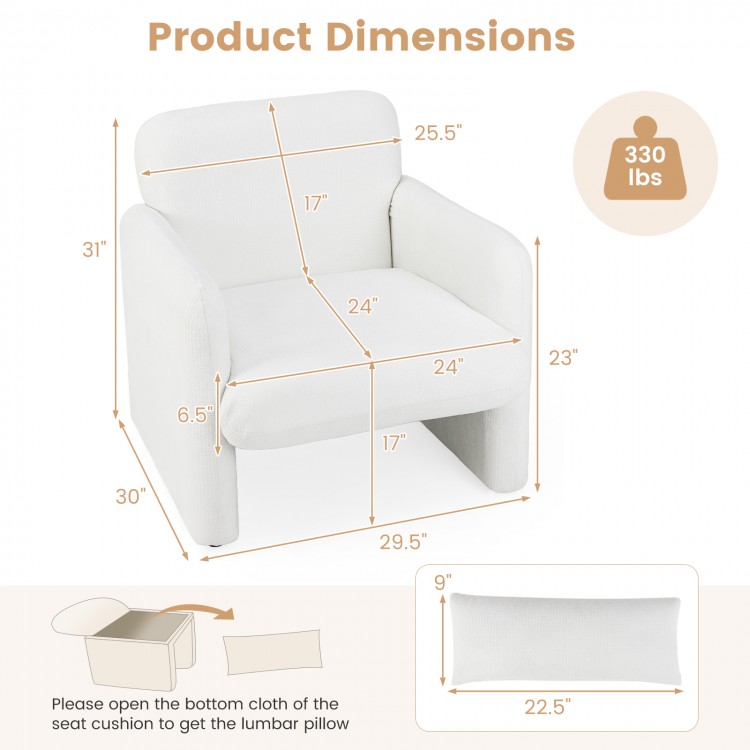 Modern upholstered chenille accent chair in white with removable lumbar pillow, designed for ergonomic comfort and.