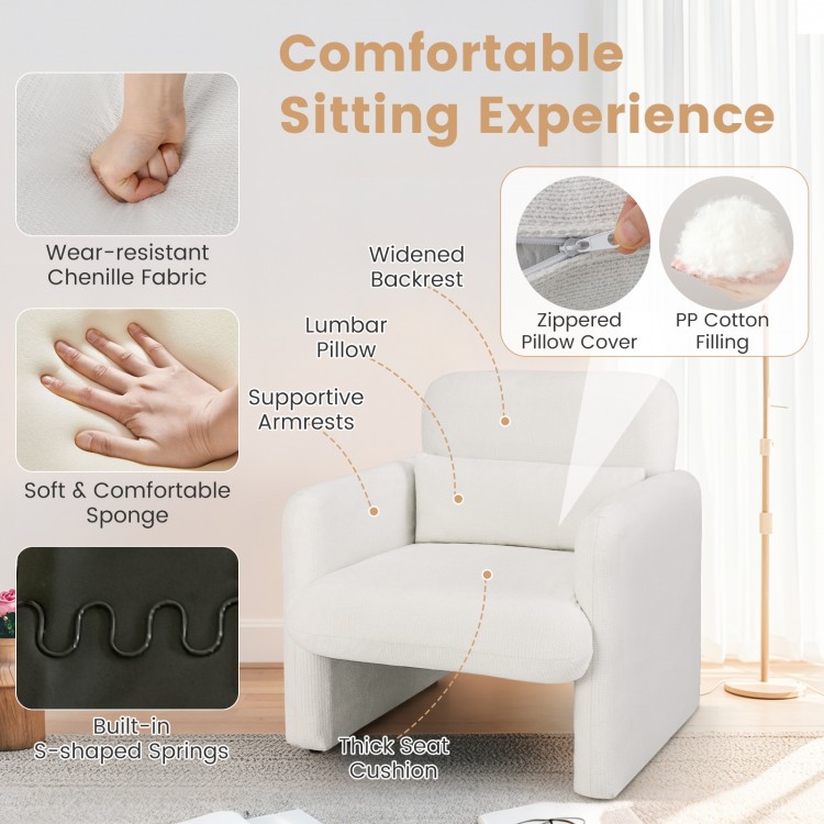 Modern upholstered chenille accent chair in white with thick seat cushion and removable lumbar pillow for ergonomic.