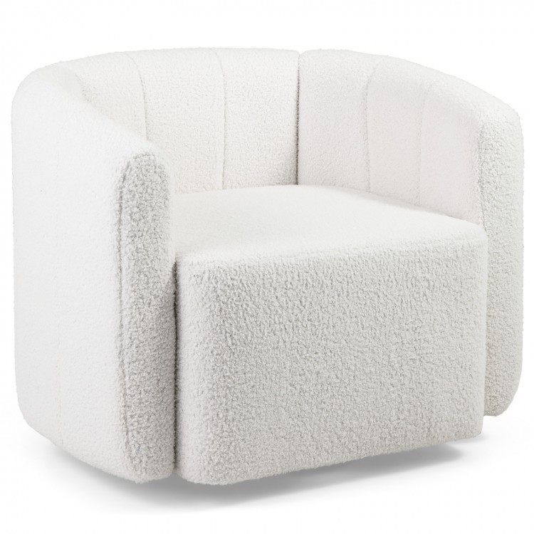 Curved backrest accent chair in white sherpa fabric, 360-degree swivel, perfect for living room or home office.