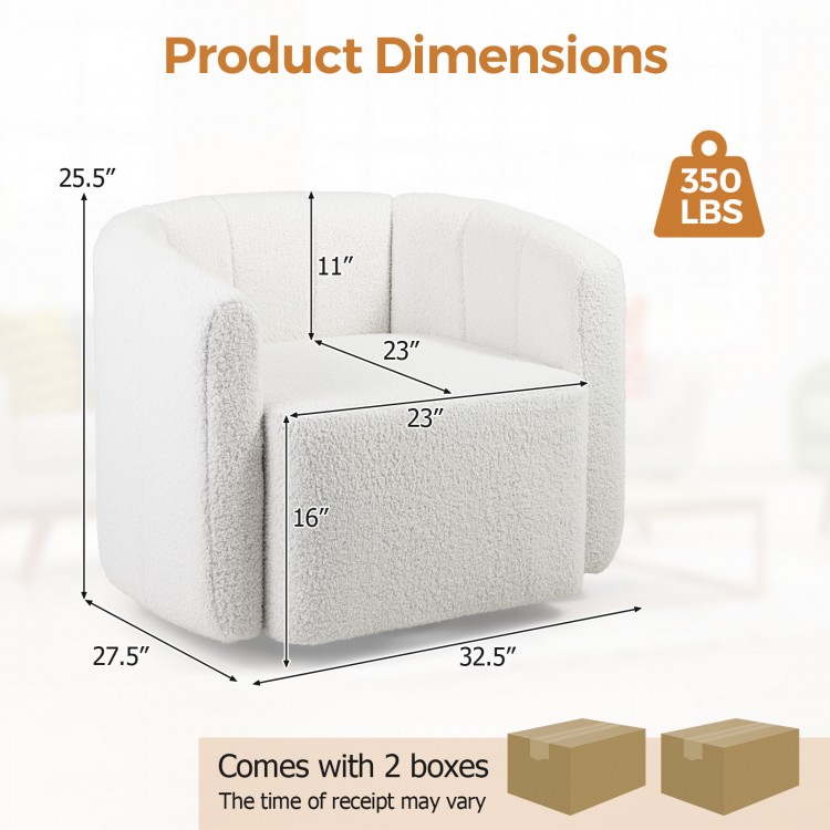Product dimensions of the Modern Upholstered Sherpa Accent Chair with curved backrest, measuring 23" x 23", supports.