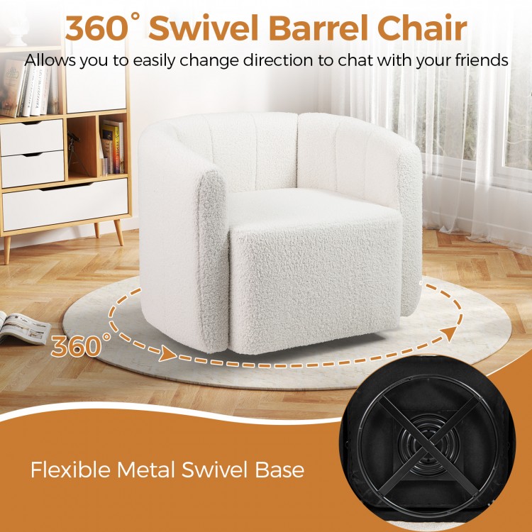 Modern white sherpa accent chair with curved backrest, 360-degree swivel base, perfect for living room relaxation.