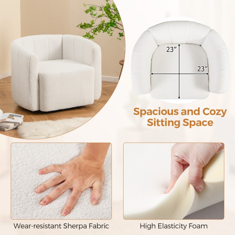 Curved backrest white sherpa accent chair with armrests, 23" cozy sitting space, perfect for living room relaxation.