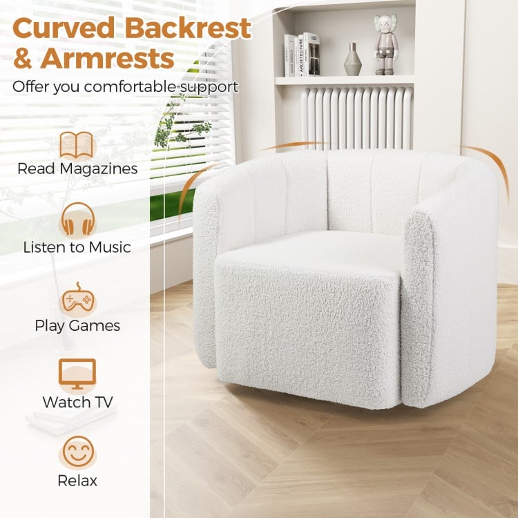 Curved backrest and armrests accent chair in white sherpa fabric, perfect for relaxing or watching TV in any room.
