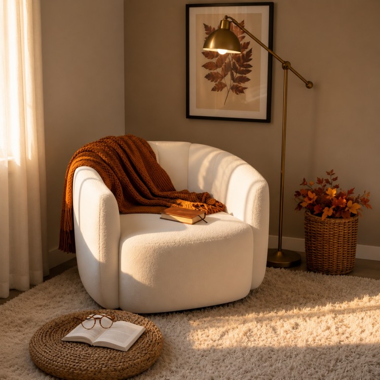 Curved backrest accent chair in white sherpa fabric, perfect for cozy reading corners in living rooms or bedrooms.