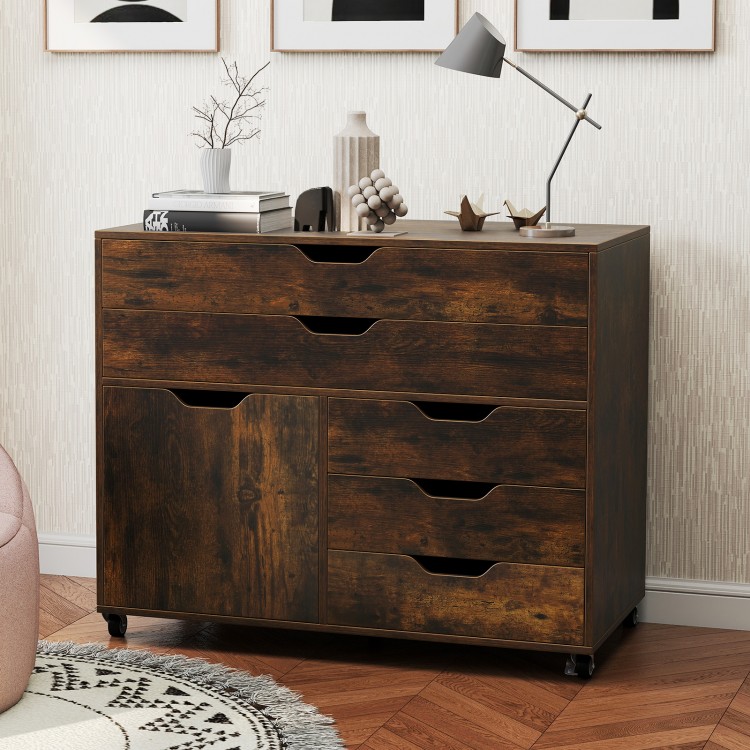 Modern vertical 5-drawer mobile chest in brown with door and casters, ideal for study or office storage solutions.
