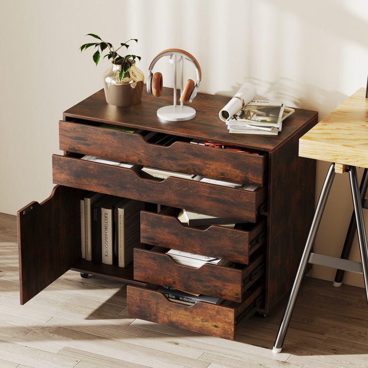 Modern vertical 5-drawer mobile chest in brown with door, ideal for organized storage in home or office.