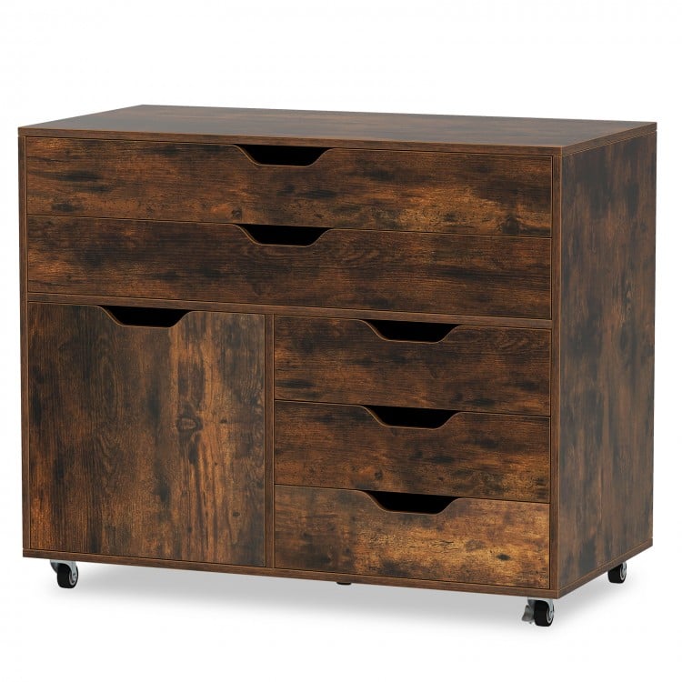 Modern vertical mobile chest in brown with 5 drawers and a door, ideal for organized storage in any room.