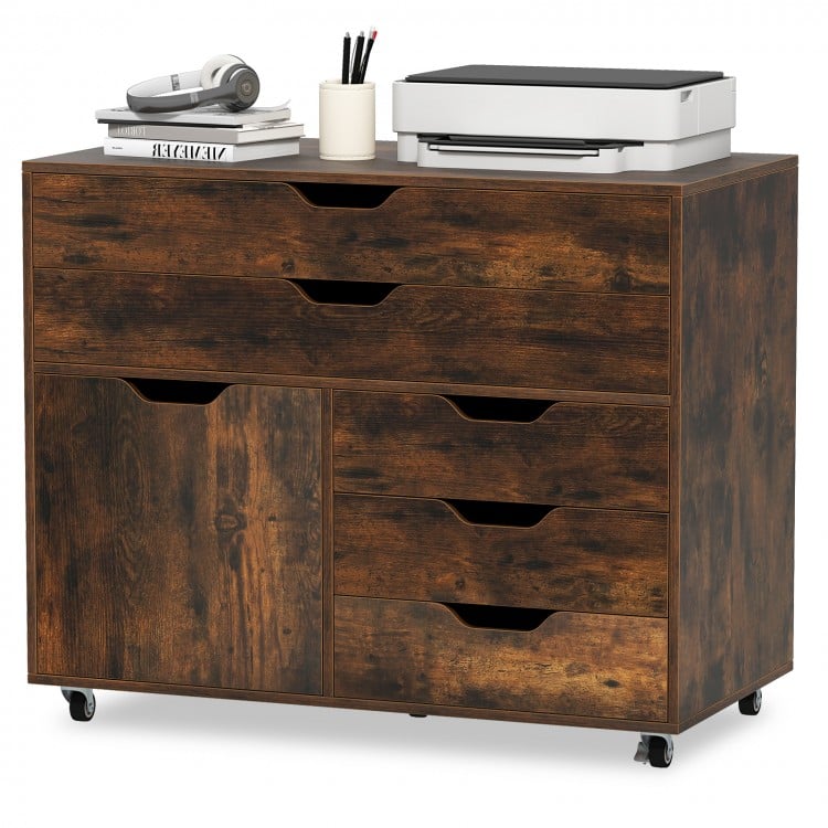Modern vertical mobile chest in brown with 5 drawers and door, featuring 5 swivel casters for easy movement and storage.