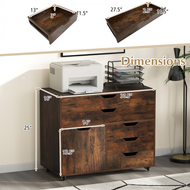 Modern vertical 5-drawer mobile chest in brown with spacious top, 5 casters, and a single door for versatile storage.