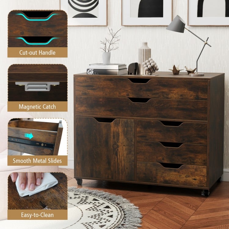 Modern vertical 5-drawer mobile chest in brown with cut-out handle and smooth metal slides for easy storage and.