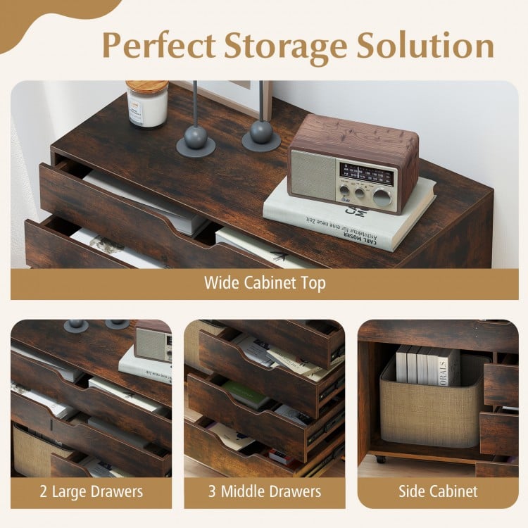 Modern vertical 5-drawer mobile chest in brown with spacious top, 5 casters, and stylish design for versatile storage.