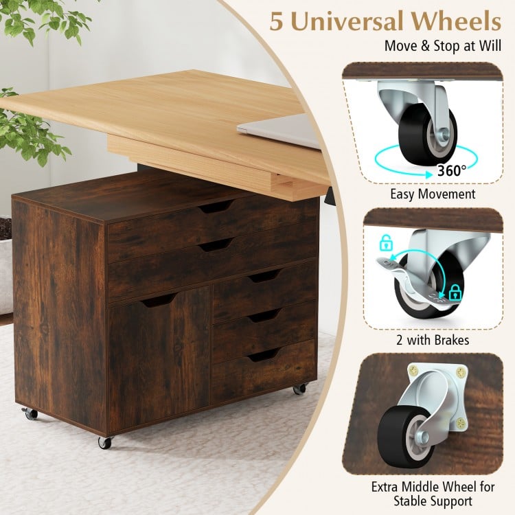 Modern vertical 5-drawer mobile chest in brown with 5 swivel casters for easy movement, ideal for home or office use.