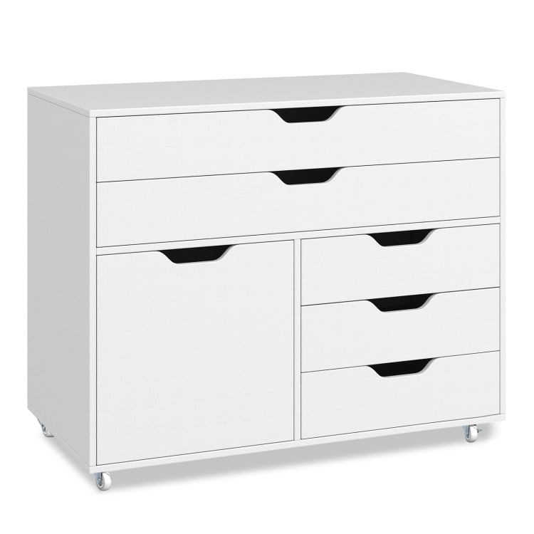 Modern vertical 5-drawer mobile chest in white with door and casters, ideal for study room or office storage.