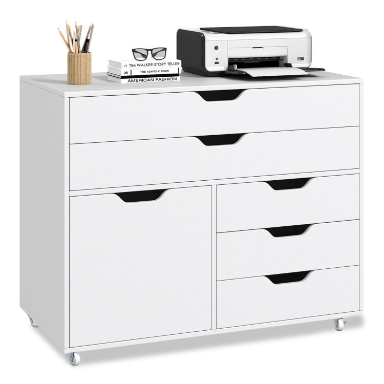 Modern vertical 5-drawer mobile chest in white with door and casters, ideal for office or study room organization.